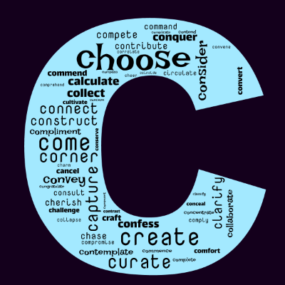Word cloud in the shape of the letter C with 54 words like choose, create and come.