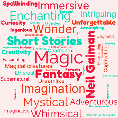 Word cloud of the book M is for Magic with 49 words like Magic, Neil Gaiman and Fantasy.
