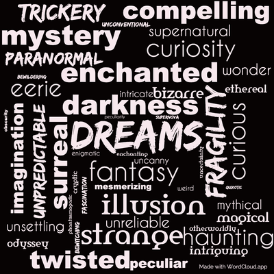 Word cloud of the book Fragile Things with 48 words like dreams, fantasy and darkness.
