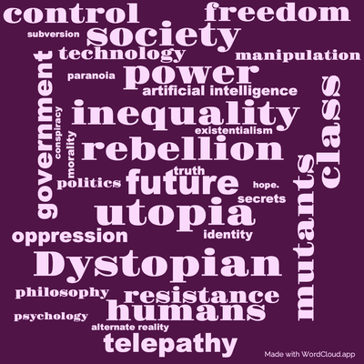 Word cloud of the book Our Friends from Frolix 8 with 32 words like Dystopian, future and utopia.