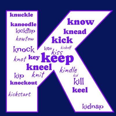 Word cloud in the shape of the letter K with 24 words like keep, kneel and kiss.