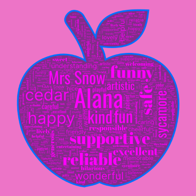 Word cloud in an Apple shape with 33 words like Alana, Mrs Snow and kind.
