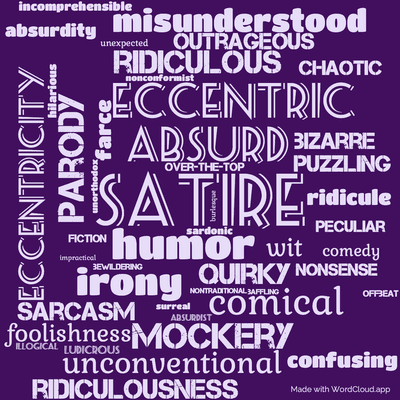 Word cloud of the book A Pickle for the Knowing Ones by Timothy Dexter with 46 words like satire, humor and absurd.
