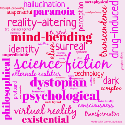 Word cloud of the book The Three Stigmata Of Palmer Eldritch with 49 words like science fiction, dystopian and mind-bending.