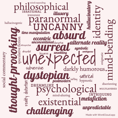 Word cloud of the book Humpty Dumpty in Oakland with 47 words like unexpected, surreal and dystopian.