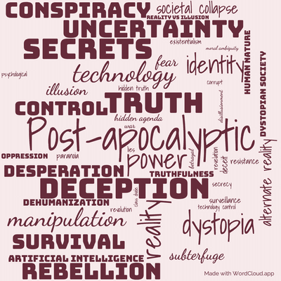 Word cloud of the book The Penultimate Truth by Philip K. Dick with 47 words like Post-apocalyptic, deception and truth.