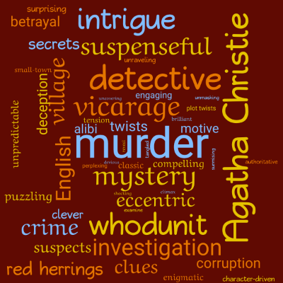 Word cloud of the book The Murder at the Vicarage by Agatha Christie with 48 words like murder, vicarage and Agatha Christie.