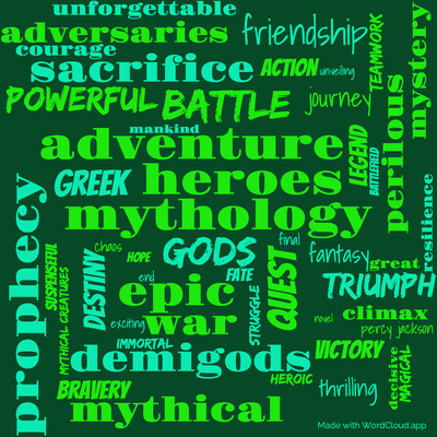 Word cloud of the book The Last Olympian by Rick Riordan with 51 words like adventure, mythology and gods.