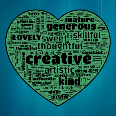 Word cloud in a Heart shape with 22 words like creative, artistic and thoughtful.