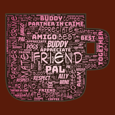 Word cloud in a Coffee Mug shape with 15 words like friend, buddy and mate.