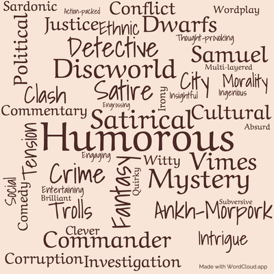 Word cloud of the book Thud by Terry Pratchett with 46 words like Humorous, Satirical and Fantasy.