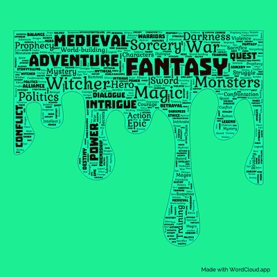 Word cloud of the book Blood of Elves by Andrzej Sapkowski with 47 words like Fantasy, Witcher and Adventure.