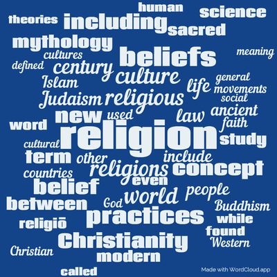 Word cloud with 50 words like religion, religions and religious.