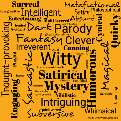 Word cloud of the book Carpe Jugulum by Terry Pratchett with 48 words like Witty, Satirical and Fantasy.