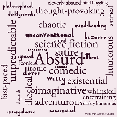 Word cloud of the book Mostly Harmless with 36 words like Absurd, comedic and science fiction.