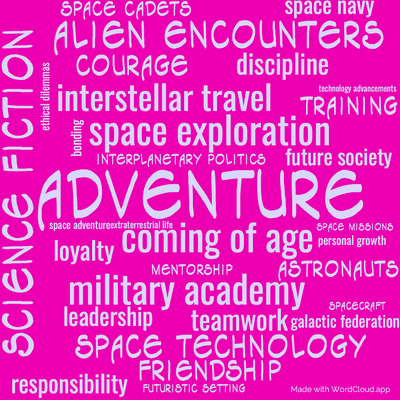 Word cloud of the book Space Cadet by Robert Heinlein with 32 words like adventure, science fiction and coming of age.