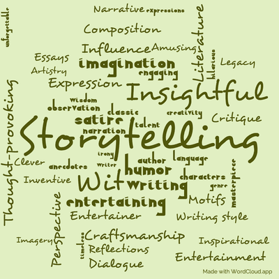 Word cloud of the book How to Tell a Story, and Other Essays by Mark Twain with 50 words like Storytelling, Humor and Insightful.