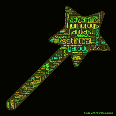Word cloud of the book The Color of Magic by Terry Pratchett with 47 words like satirical, fantasy and humorous.
