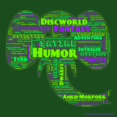 Word cloud of the book The Fifth Elephant by Terry Pratchett with 47 words like Humor, Satire and Fantasy.