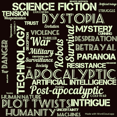 Word cloud of the book Second Variety with 46 words like Apocalyptic, Robots and Technology.