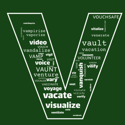 Word cloud in the shape of the letter V with 53 words like vote, verify and visualize.