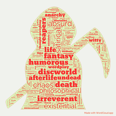 Word cloud of the book Reaper Man by Terry Pratchett with 47 words like humorous, fantasy and satirical.