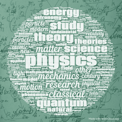 Word cloud with 50 words like physics, matter and mechanics.