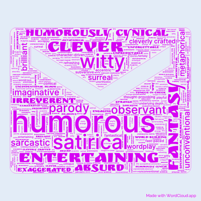 Word cloud of the book Going Postal by Terry Pratchett with 48 words like humorous, satirical and fantasy.