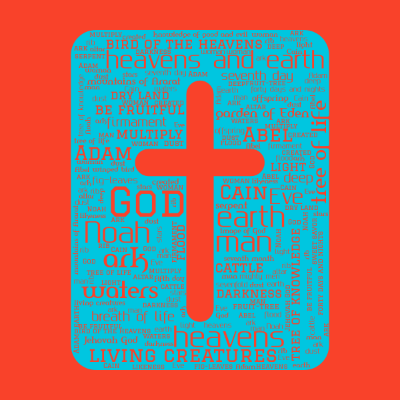 Word cloud of the book The Bible with 54 words like God, earth and heavens.