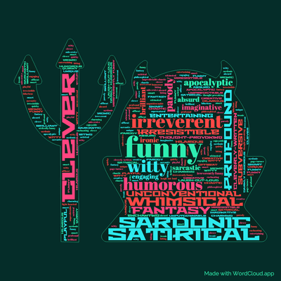 Word cloud of the book Good Omens by Terry Pratchett with 46 words like funny, irreverent and clever.