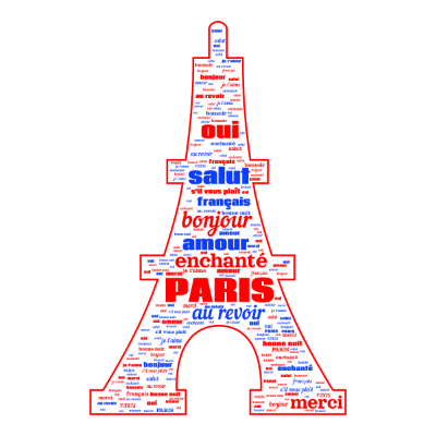Word cloud in an Eiffel Tower shape with 13 words like PARIS, bonjour and enchanté.