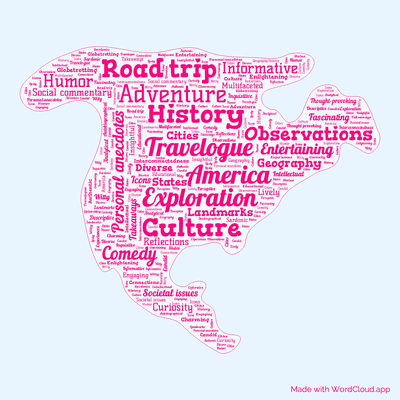 Word cloud of the book Stephen Fry in America with 47 words like Road trip, Exploration and Travelogue.