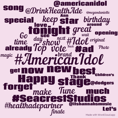 Word cloud with 50 words like #AmericanIdol, vote and new.