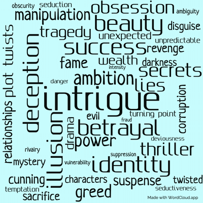 Word cloud of the book A Stranger In The Mirror with 47 words like intrigue, deception and ambition.