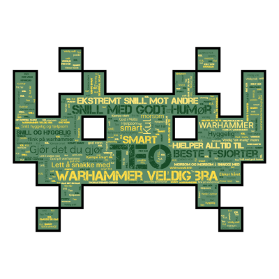 Word cloud in an Invaders shape with 43 words like Teo, Warhammer veldig bra and Snill med godt humør.