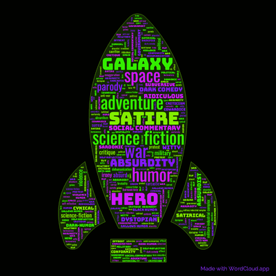 Word cloud of the book Bill, the Galactic Hero. The Final Incoherent Adventure with 49 words like satire, science fiction and humor.