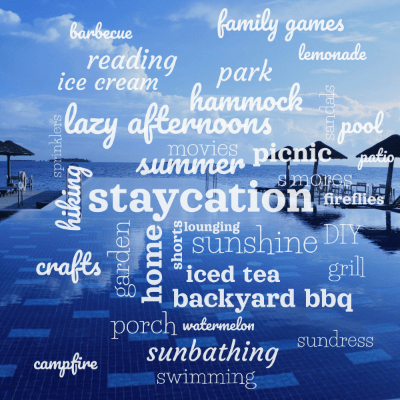 Word cloud with 35 words like staycation, summer and home.