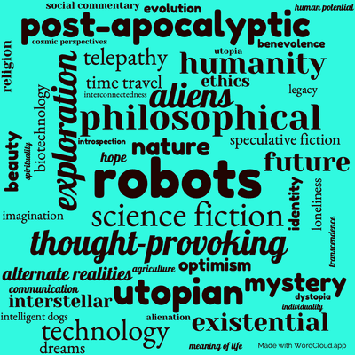 Word cloud of the book Why Call Them Back from Heaven with 47 words like robots, science fiction and exploration.