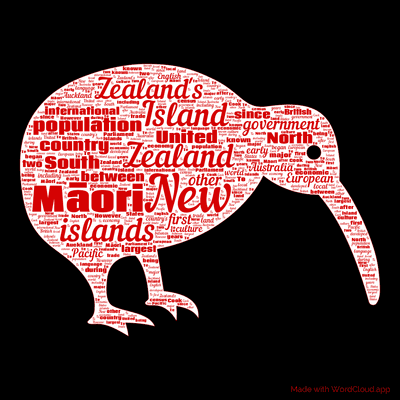 Word cloud with 50 words like New, Zealand and Māori.