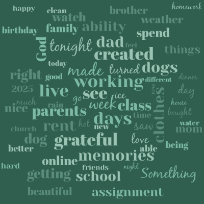 Word cloud with 66 words like grateful, 2025 and today.
