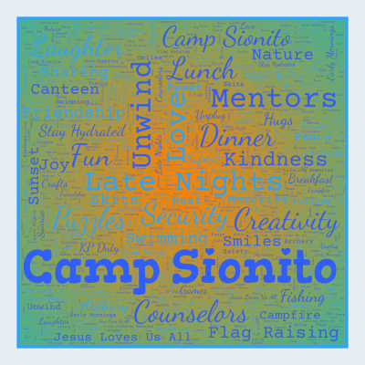 Word cloud in a Square shape with 43 words like Camp Sionito, Friendship and Canteen.