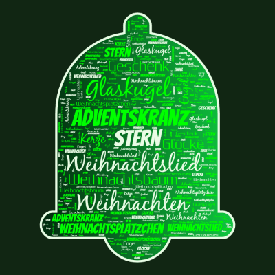 Word cloud in an Alarm shape with 11 words like Glaskugel, Weihnachten and Engel.