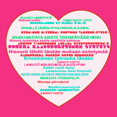 Word cloud in a Heart shape with 18 words like Rohkea kaasupolttimen sytytys, Hienosti lähdit tänään mukaan and Erinomainen työrauha tänään.
