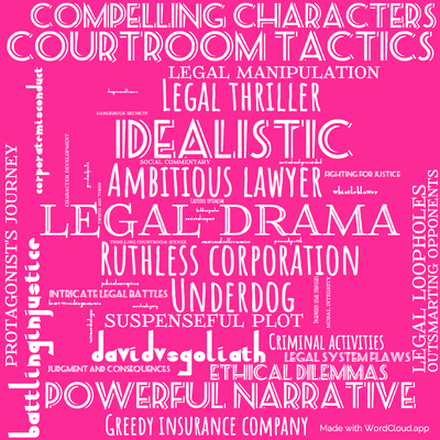 Word cloud of the book The Rainmaker by John Grisham with 44 words like Legal drama, Ambitious lawyer and Ruthless corporation.