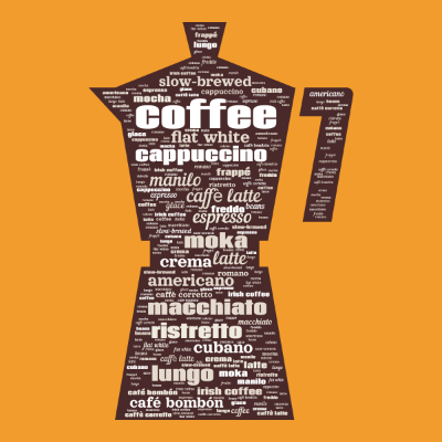 Word cloud in a Coffee Cooking Pot shape with 24 words like coffee, cappuccino and espresso.