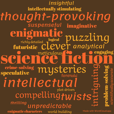 Word cloud of the book Asimov's Mysteries with 30 words like science fiction, mysteries and clever.