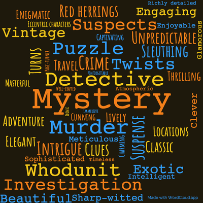 Word cloud of the book The Grand Tour with 48 words like Mystery, Detective and Murder.