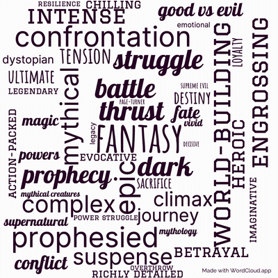 Word cloud of the book The Strike at Shayol Ghul with 48 words like fantasy, epic and thrust.