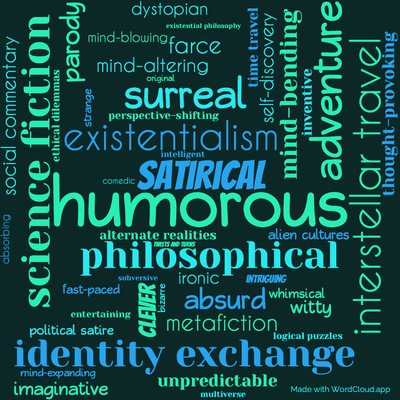 Word cloud of the book Mindswap with 48 words like humorous, satirical and science fiction.