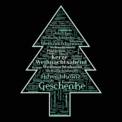 Word cloud in a Christmas Tree shape with 17 words like Geschenke, Weihnachtsabend and Adventskranz.